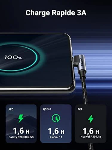USB-C į USB-A 2.0 kampinis laidas UGREEN US176, 3A, 3m - Juodas