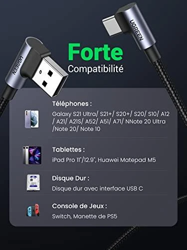 USB-C į USB-A 2.0 kampinis laidas UGREEN US176, 3A, 3m - Juodas