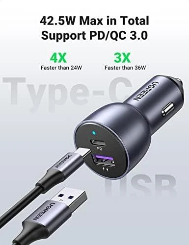 Automobilinis įkroviklis Ugreen CD213 USB-C/USB-A 36W pilkas