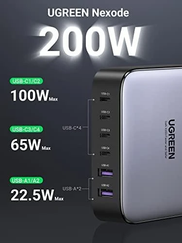 UGREEN 2USB-A+4USB-C 200W Desktop greitasis įkroviklis, pilkas