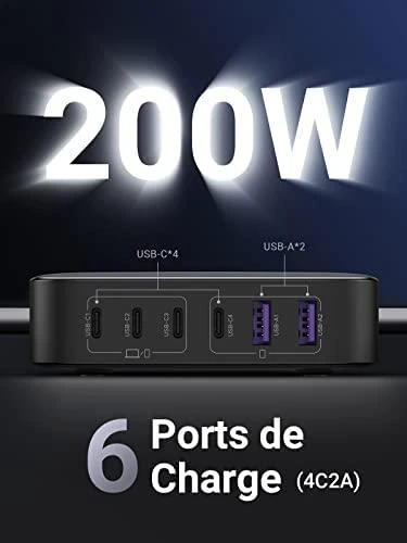 UGREEN 2USB-A+4USB-C 200W Desktop greitasis įkroviklis, pilkas