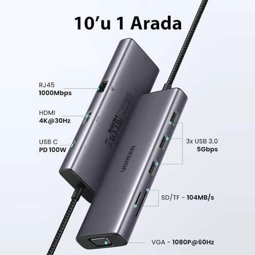 Adapteris Ugreen CM498 USB-C, 2 x USB-A + USB-C + HDMI + SD / TF + PD