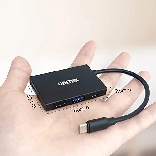 UNITEK H1302A USB-C šakotuvas delne su matmenimis