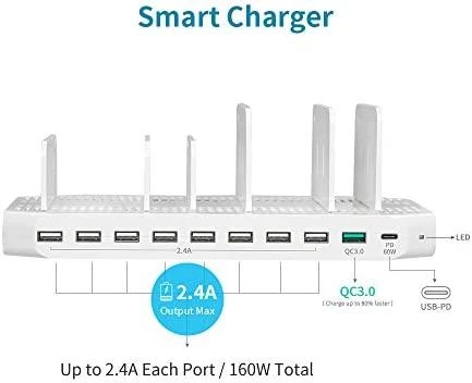 UNITEK Y-2190 įkrovimo stotelė 8x USB 2.4A 160W 2x QC3.0 USB-C Y-2190