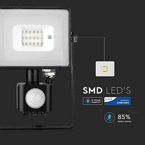 10W LED prožektorius V-TAC, 3000K (šiltai balta), su judesio davikliu, juodu korpusu, SAMSUNG LED chip
