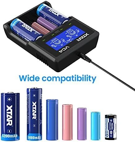 XTAR VC4 įkroviklis su LCD ekranu ir baterijų suderinamumo schema