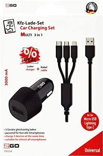 Įkroviklis 2GO 2GO automobilinis pakrovėjas 3000mA 3in1 Micro-USB, Lightning, USB-C sw