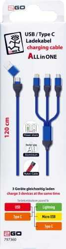 USB kabelis 2GO USB-A + USB-C - USB-C + microUSB + Žaibas 1,2 m mėlyna (797360)