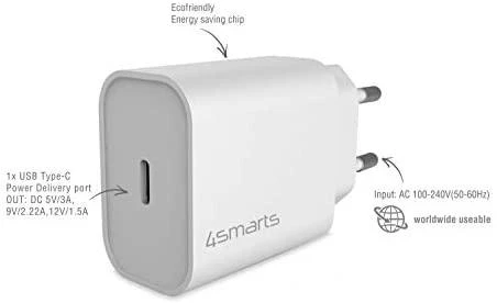 4smarts VoltPlug 20W PD USB-C Laidinis įkroviklis with USB-C to Lightning cable baltos spalvos