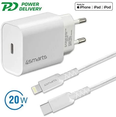 4smarts VoltPlug 20W PD USB-C Laidinis įkroviklis with USB-C to Lightning cable baltos spalvos