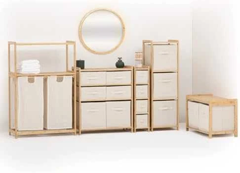 5five Simply Smart Bamboo Aukšta TIDY bambukinė lentyna su 3 medžiaginiais krepšeliais, aukštis 109,5 cm