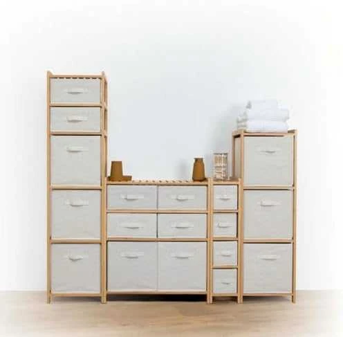 5five Simply Smart Bamboo Aukšta TIDY bambukinė lentyna su 3 medžiaginiais krepšeliais, aukštis 109,5 cm