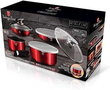 9 DALIES PUODŲ RINKINYS. CLICK & COOK BERLINGER HAUS METALLIC LINE BURGUNDY BH-6145