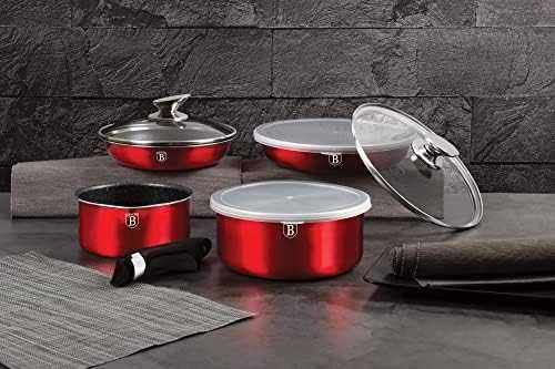 9 DALIES PUODŲ RINKINYS. CLICK & COOK BERLINGER HAUS METALLIC LINE BURGUNDY BH-6145