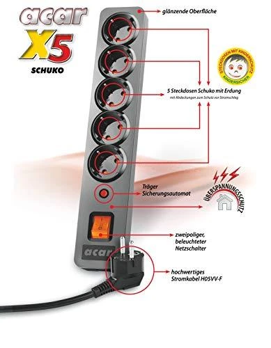 hsk data ACAR X5 maitinimo prailgintuvas 5 m 5 kintamosios srovės lizdai Vidinis Juodas