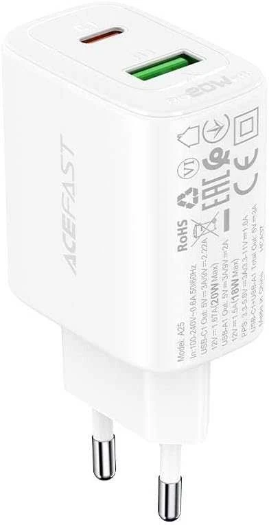 Įkroviklis buitinis Acefast A25 PD20W Type-C/USB-A baltas