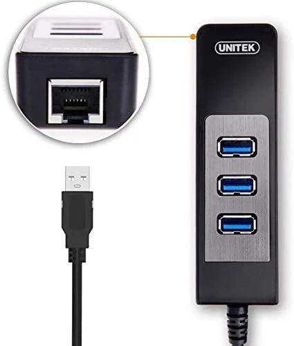 Unitek Deltaco Tinklo adapteris , 10/100 / 1000Mbps , 1xRJ45, 1xUSB3.0, 3x USB3.0, juodas USB3-GIGA3