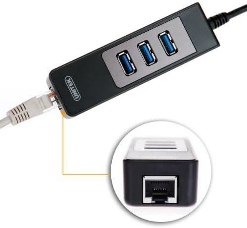 Unitek Deltaco Tinklo adapteris , 10/100 / 1000Mbps , 1xRJ45, 1xUSB3.0, 3x USB3.0, juodas USB3-GIGA3