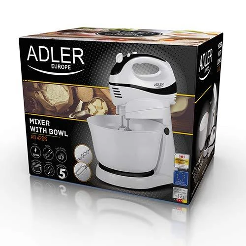Virtuvinis kombainas Adler | Mixer | AD 4206 | Mixer with bowl | 300 W | Greičių skaičius 5 | Turbo mode | Baltas