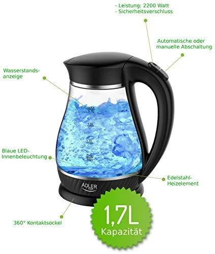 Adler Virdulys AD 1274 Standartinis, Plastikas, stiklas, Juodas/ skaidrus, 2200 W, 360° sukamasis pagrindas, 1,7 L