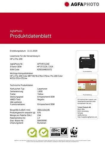 AgfaPhoto HP Laserjet Pro 200 Color M 251 NW/-MFP M 276 NW,CF212A / Canon 731 Y, perdirbta kasetė