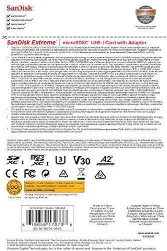 Atminties kortelė SANDISK Extreme Micro SDXC 64 GB veiksmo kameroms ir dronams + SD adapteris 160 MB/s A2 C10 V30 UHS-I U3
