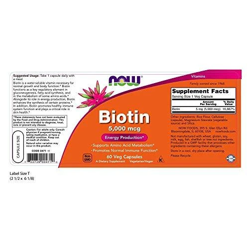 Maisto papildas Biotin 5000 mcg, NOW, 60 kapsulių