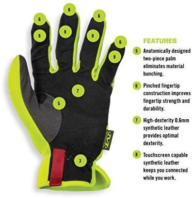 Mechanix Wear Pirštinės Mechanix FastFit® HiViz geltonos XL dydis. Rauktas rankogalis, dirbtinė oda, TrekDry®, šviesą atspindintys užrašai