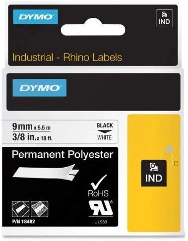 Juostelė DYMO Rhino 9mm x 5.5m, poliesterio, juoda ant balto / S0718240 18482