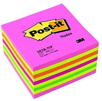 3M Lipnūs lapeliai Post-it Ledinukai kubas, 76 x 76 mm, 450 laplių, neoninių rausvų spalvų derinys