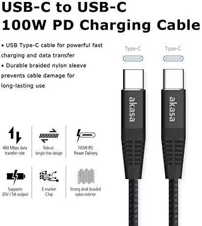 Akasa USB Type-C į USB Type-C 100W PD įkrovimo laidas – juodas
