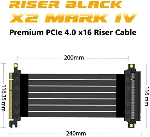 Akasa Riser Juodas X2 Mark IV, Premium PCIe 4.0 x16 stovo kabelis, 20 cm - juodas