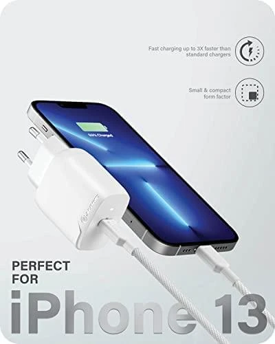 Alogic 20W įkroviklis su prijungtu iPhone 13