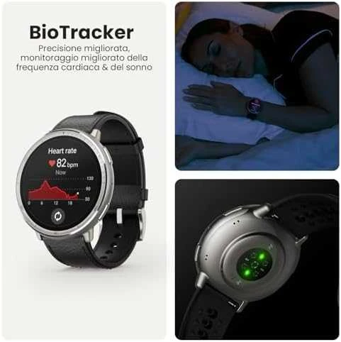 Išmanusis laikrodis - Amazfit Active 2, Sidabrinės spalvos korpusas su juodos spalvos odiniu diželiu