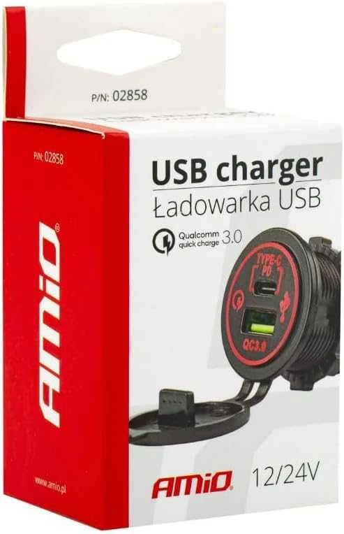 Amio Vandeniui atsparus telefono įkroviklis USB+USB-C 12/24V MOD-08