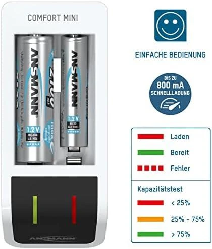 Ansmann Comfort mini įkroviklis su įsk. 2 AA Minjono šikšnosparnis. 2100 mAh
