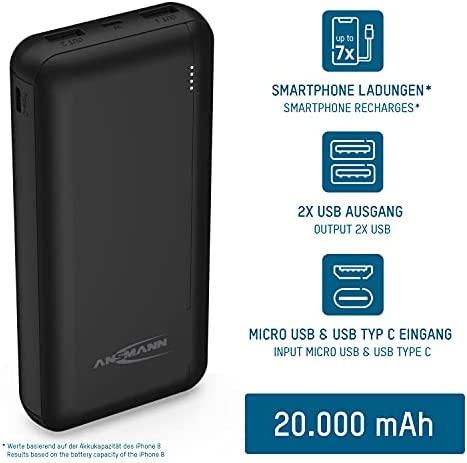 Išorinė baterija POWER BANK ANSMANN (PB212) 20000mAh (2xUSB; 1xUSB-C) juoda