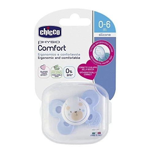 CHICCO Ortodontinis žindukas PHYSIO COMFORT su sterilizavimo dėklu, 0-6M, Iš "Mum effect" silikono