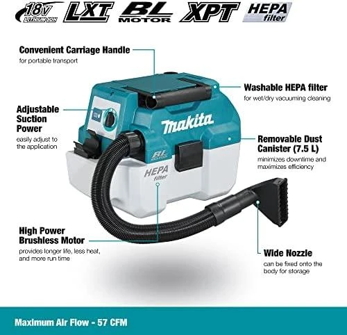 Makita DVC750LZ Akumuliatorinis dulkių siurblys 18V Li-ion; HEPA; Be akumuliatorių ir kroviklio!