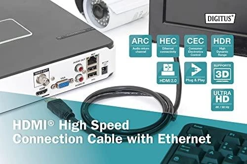 Assmann Electronic „Digitus“ didelės spartos HDMI su Ethernet prijungimo kabeliu | DB-330123-020-S | 2 m