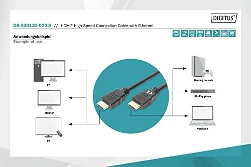 Assmann Electronic „Digitus“ didelės spartos HDMI su Ethernet prijungimo kabeliu | DB-330123-020-S | 2 m