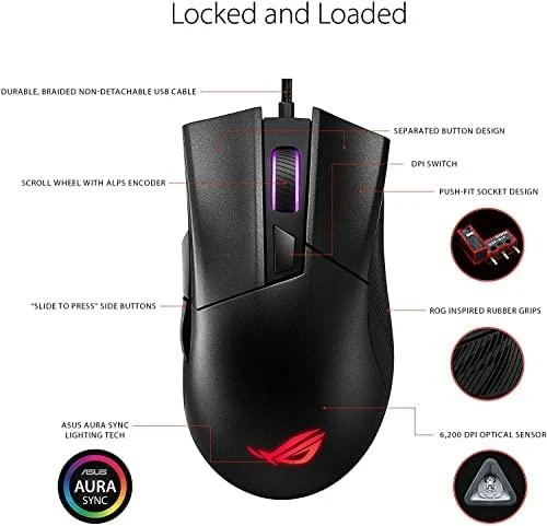 Optinė laidinė pelė Asus ROG Gladius II Core, 6 200-dpi/Omron switches with 50-million-click durability/lightweight - 92,5 g/Aura Sync