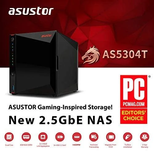 Serveris Asus Asustor Nimbustor 4 AS5304T iki 4 HDD/SSD, Intel Celeron J4105 Quad-Core, Procesoriaus dažnis 1,5 GHz, 4 GB, SO-DIMM DDR4 2400, Vienvietis, Juodas