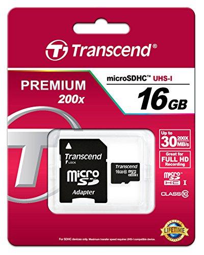 Atminties kortelė TRANSCEND 16GB micro SDHC kortelė, 10 klasė, su SD adapteriu