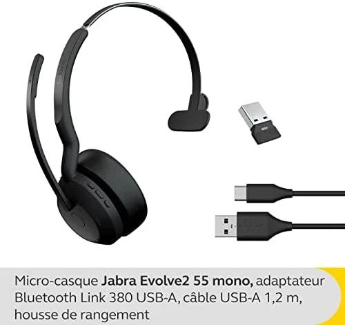 Jabra Evolve2 55 mono ausinės su USB-A priedais