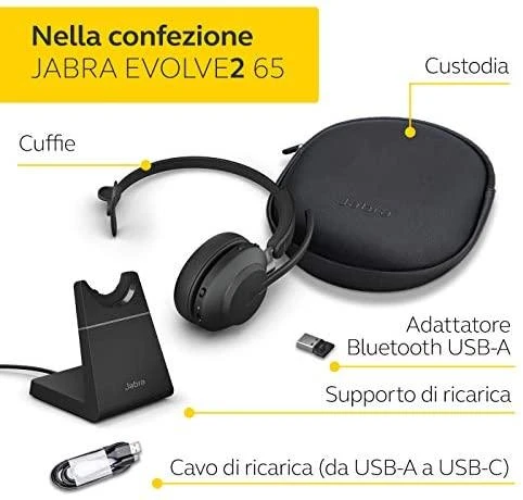 Jabra Evolve2 65 MS Mono Belaidės ausinės, Bluetooth, USB-A, Charging Stovas, Juoda