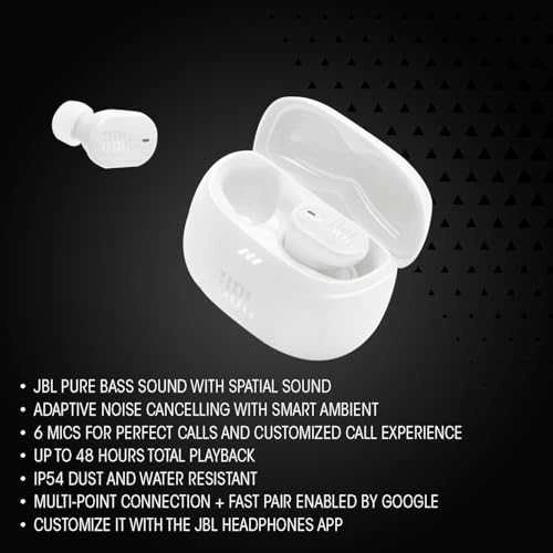JBL Tune Buds 2 baltos spalvos su įkrovimo dėklu ir savybių sąrašu