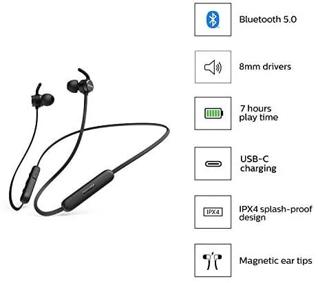 Į ausis dedamos belaidės ausinės su mikrofonu Philips TAE1205BK/00, Juodos