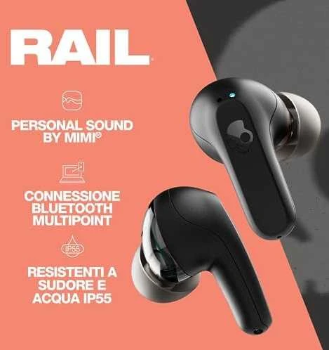 Skullcandy Rail belaidės ausinės su techninių funkcijų aprašymu