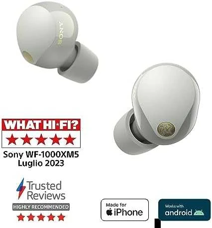 Sony WF-1000XM5 Earbuds Belaidės ausinės, ANC, belaidis įkrovimas, Sidabrinės spalvos